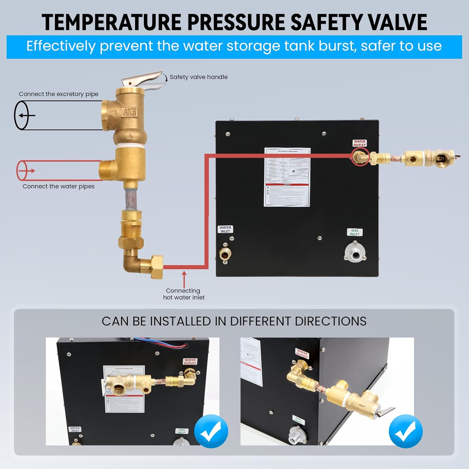 Diagram illustrating the connection of the temperature pressure safety valve to the water heater, showing excretory pipe, safety valve handle, and water pipes.