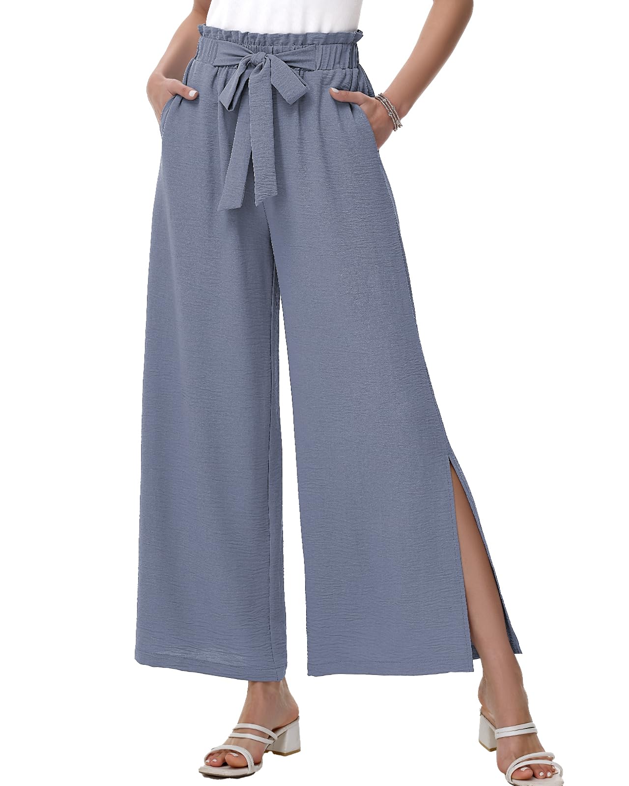 HMIYA Weite Hosen Damen Lässig Elegant Palazzo Hose Leichte Hohe Taille Sommerhose mit Taschen