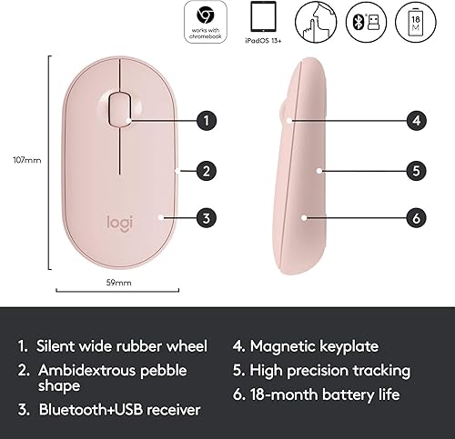 Miniatura 6 de Logitech Pebble - Mouse inalámbrico con Bluetooth o receptor de 2.4 GHz, silencioso y delgado con clics silenciosos, para laptop, portátil, iPad,