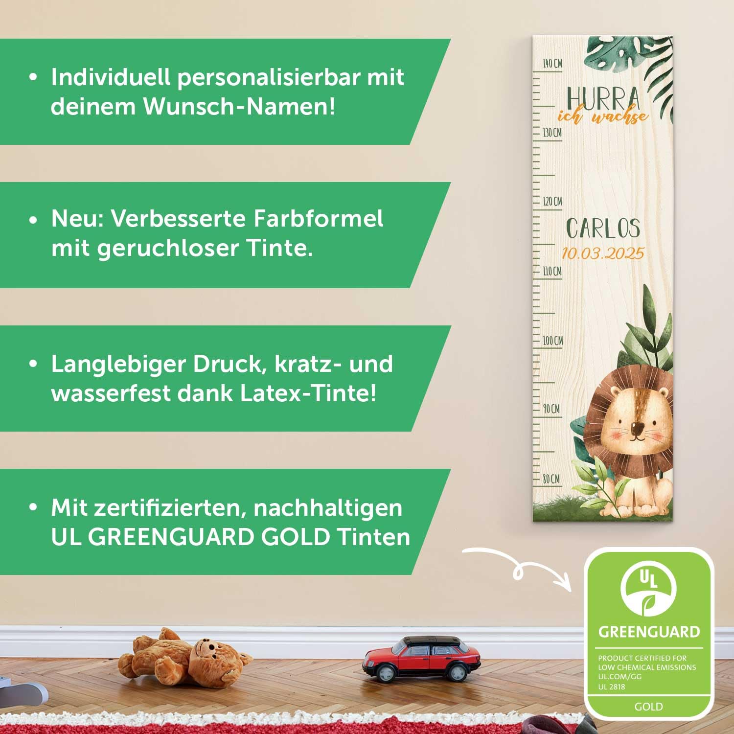 GRAVURZEILE Messlatte für Kinder aus Holz - Tiergruppe Safari - mit Namen für Kinderzimmer - Skala misst 80-140 cm - Größe 20 x 70 x 2 cm - Geschenk zur Geburt für Mädchen & Jungen - Löwe