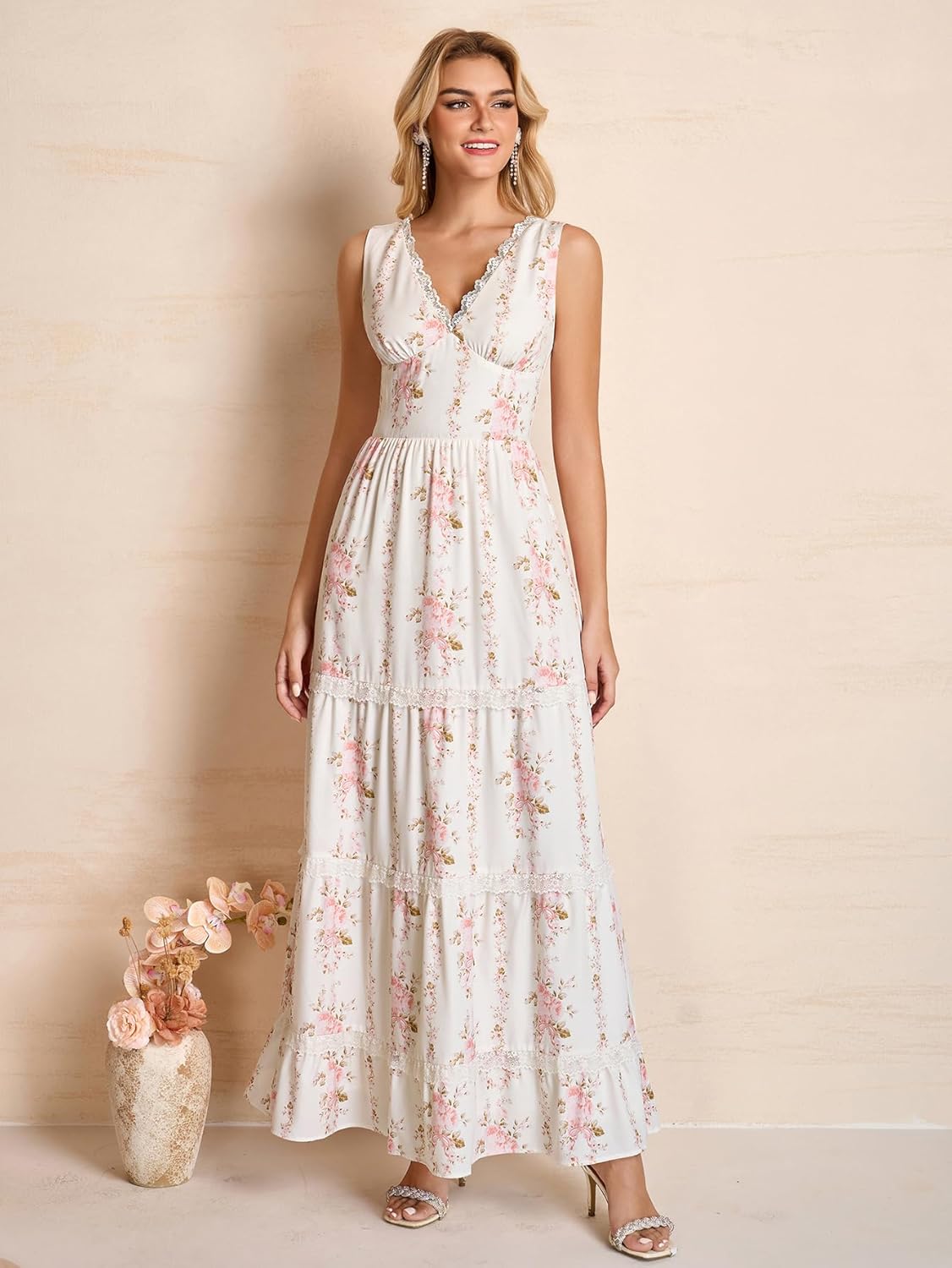 KUTUMAI Summer Lace Floral Wedding Guest Maxi Dresses for Women V Neck Corset Long Flowy Tea Party Dress