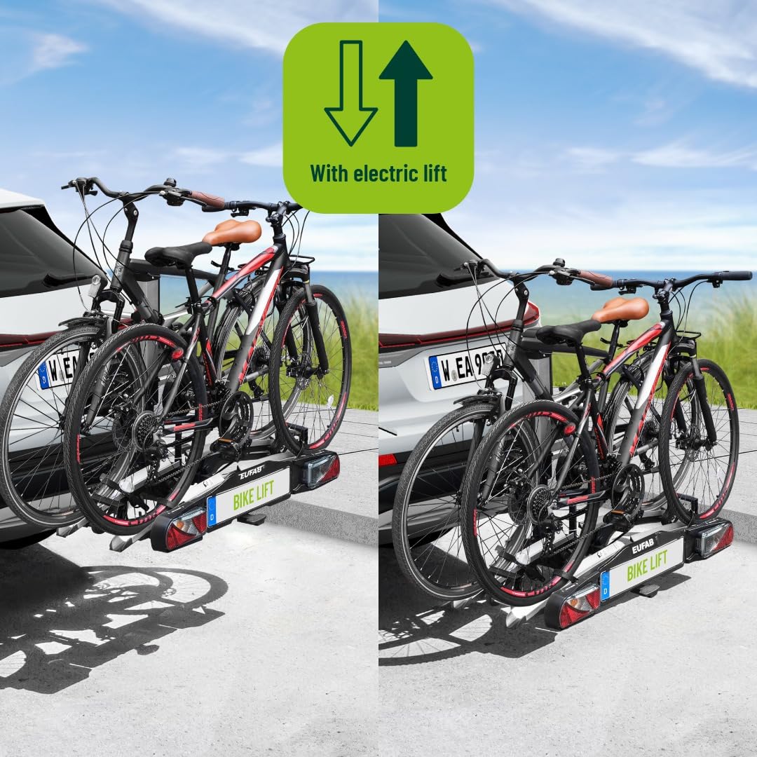 EUFAB 11554 Bagażnik rowerowy Bike Lift, nadaje się do rowerów elektrycznych, w pełni zmontowany, elektryczne opuszczanie, ochrona przed kradzieżą, na 2 rowery, na hak holowniczy, 2025 z uchwytami na