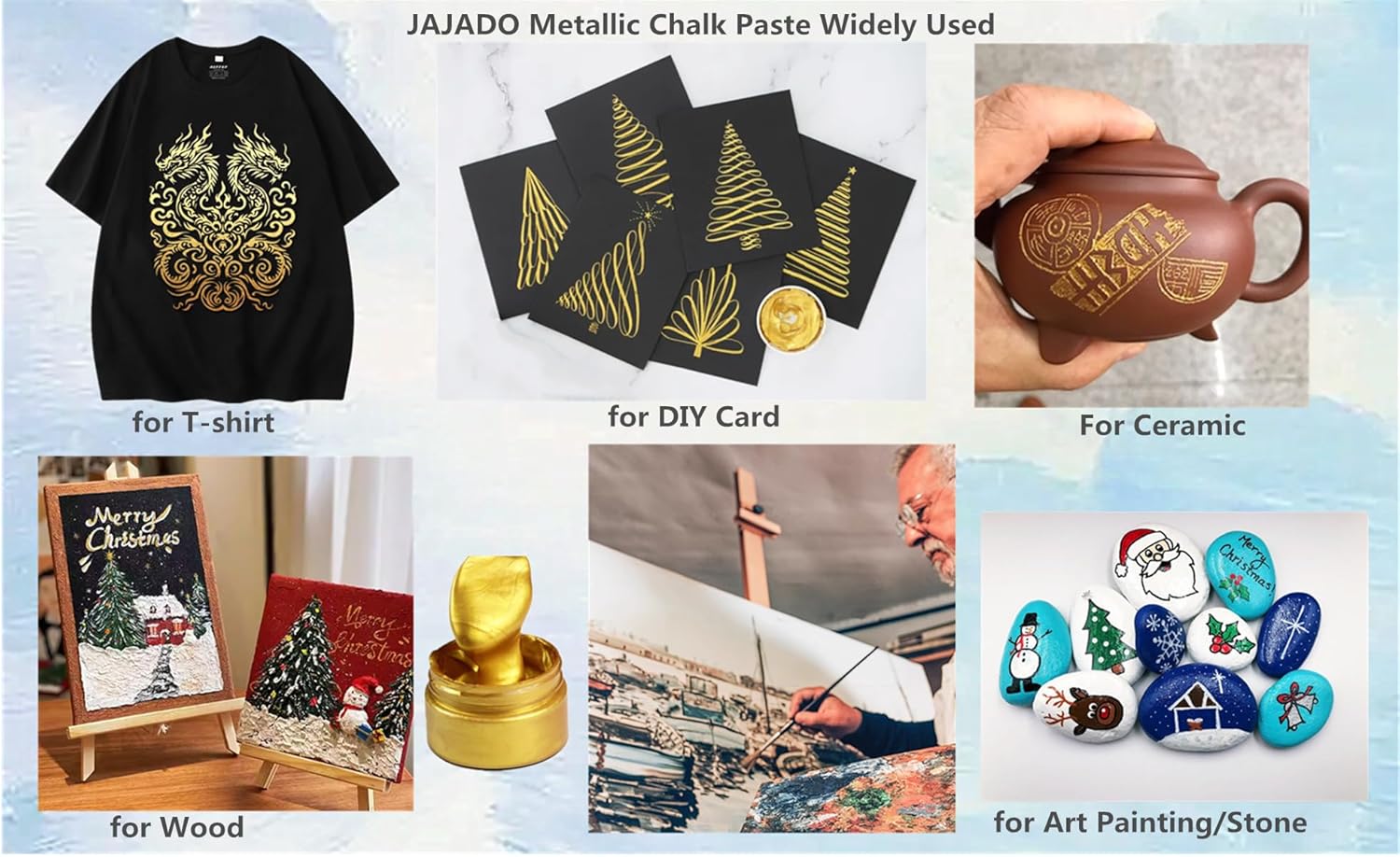 JAJADO 6 Jars Metallic Chalk Paste with 3 Pcs Mini Squeegee, Gold Acrylic Metallic Paint on Wood, Ceramic, Fabric Screen Printing Ink Adhesive Stencils Paint Mesh Transfers Wood Craft Art Paste
