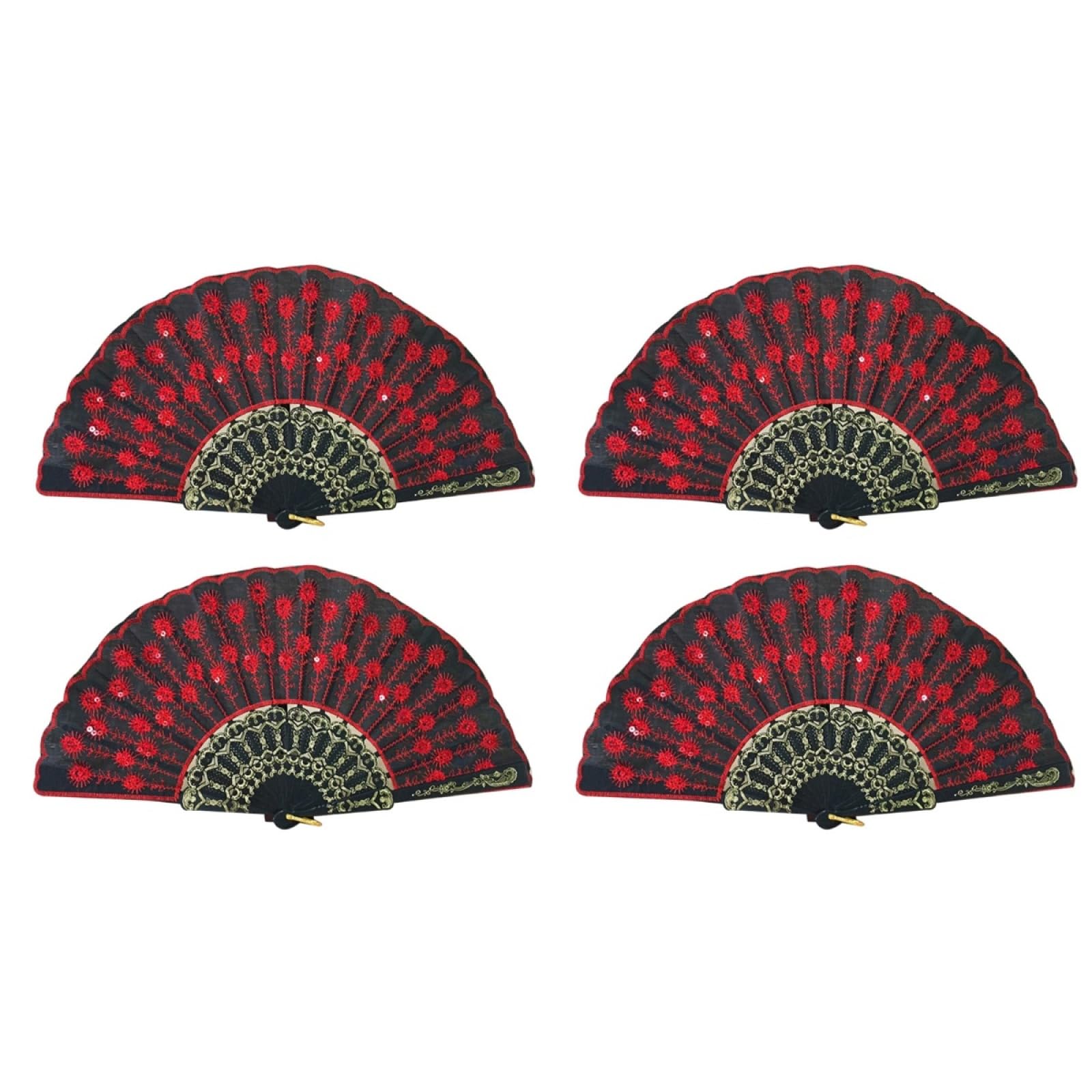 Amosfun 4pcs Folding Hand Fan, Silk Peacock Pattern Sequin Fan with Hollow-Out Handle