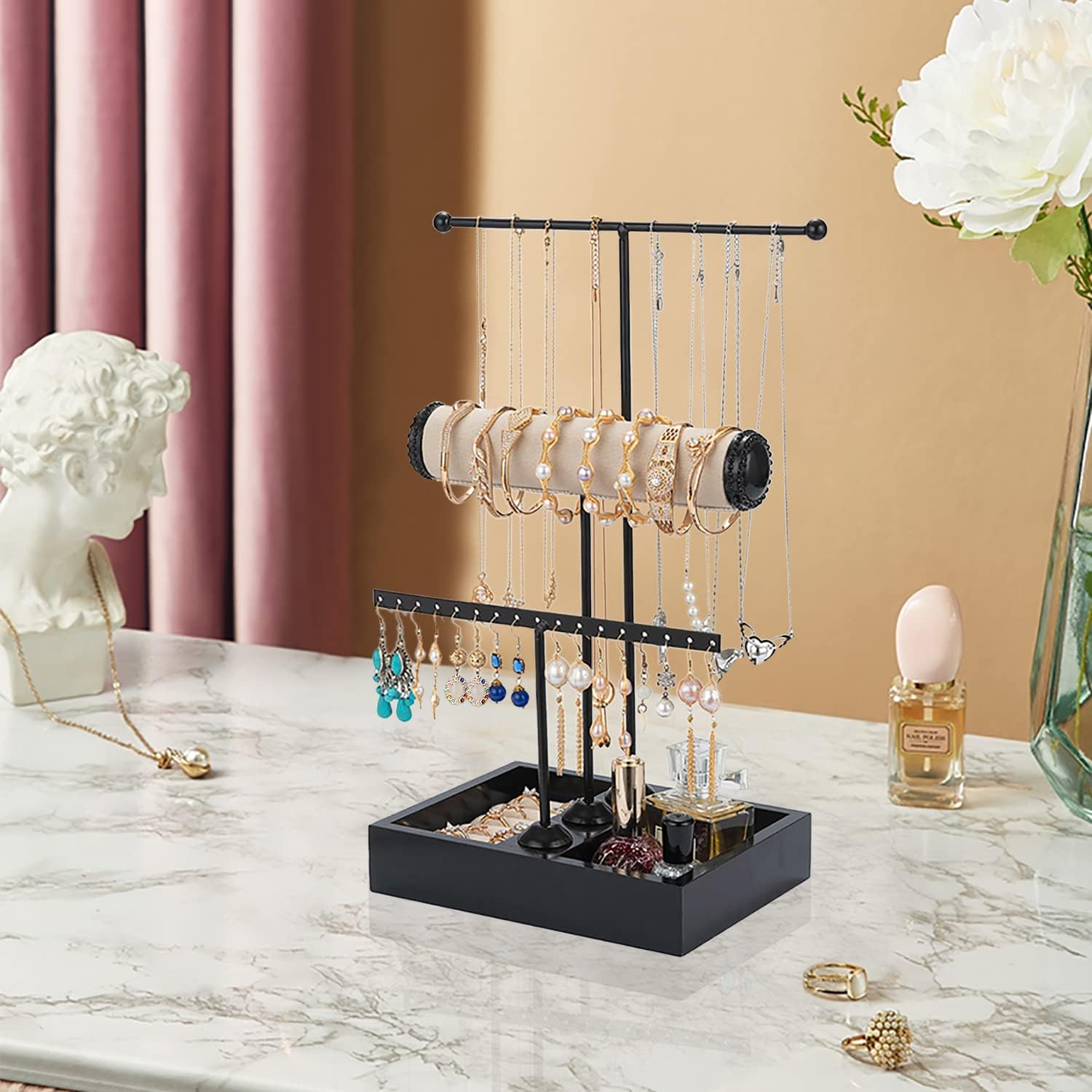 Jewelry Organizer Stand 3 Tier Hanging Jewelry Organizer for Earring Necklace Bracelet Holder Jewelry Ring Perfume Organizer Box Holder Storage (3-Tier Black)