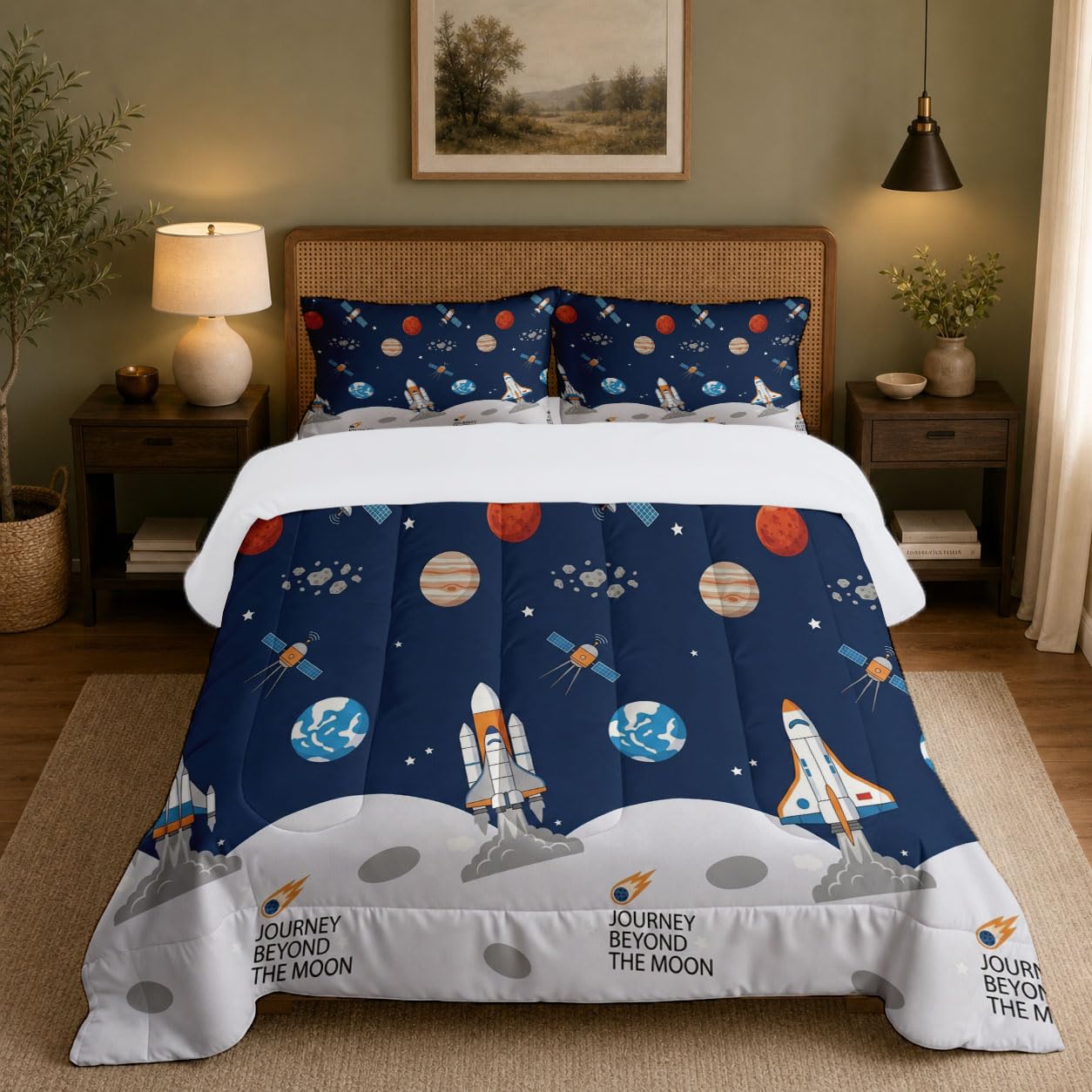 Piumino Letto Matrimoniale Base Satellitare Lunare 240X220 Cm Per 4 Stagioni, Piumone In Microfibra 200 G/M² Paesaggio Dell'Universo Cartoni Animati Invernale, Trapunta Morbida Traspirante, Blu Navy