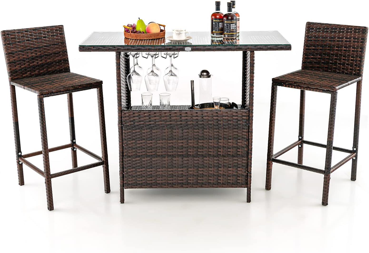 Tangkula Outdoor Bar Set, 3 Pieces Patio Wicker Bar Height