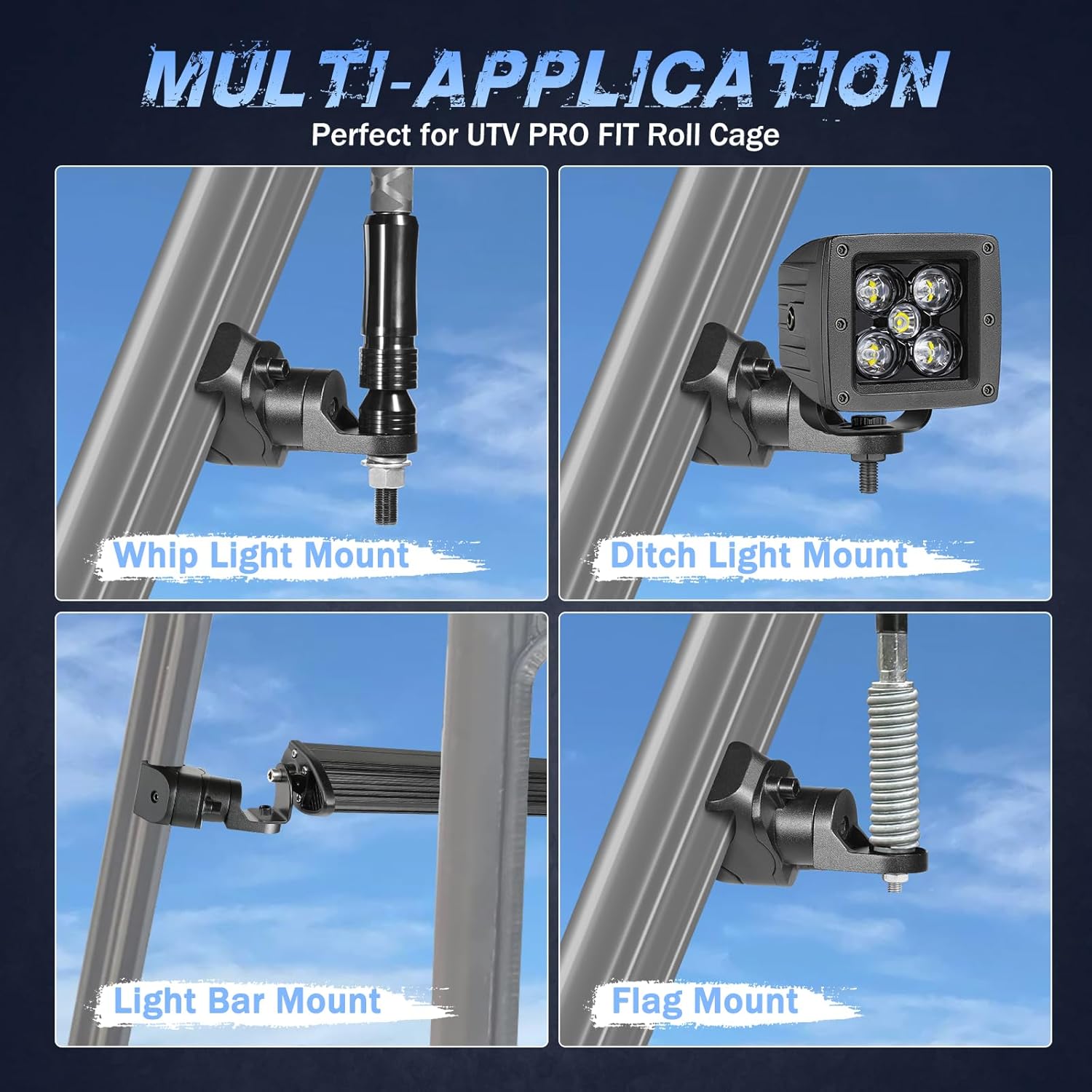 UTV Whip Light Mount, Whip Light Mounting Bracket Heavy Duty Pro-fit Cage Clamp for Polaris General Ranger Can-Am Defender Commander Maverick