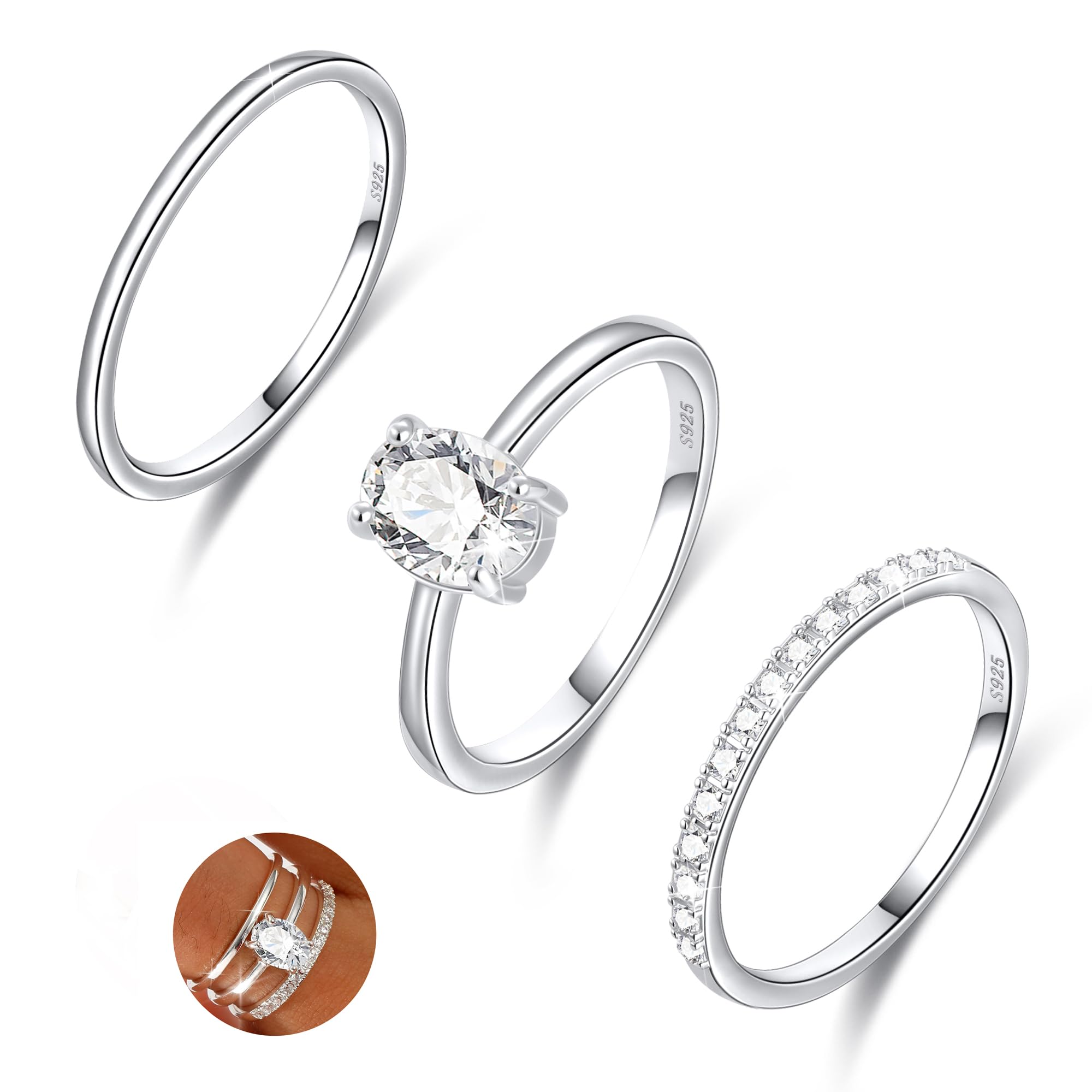 Sterling Silver Ring for Women, 4PCS Thin Stackable Rings Cubic Zirconia Thumb Ring Set Engagement Statement Wedding Bands for Women Size 5-10