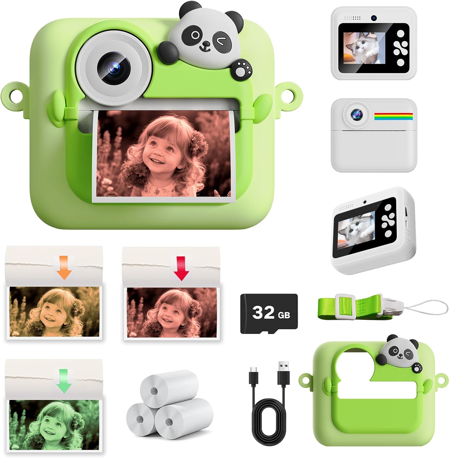 Instant Print Camera for Kids,1080P Front Rear Dual Selfie Kids Camera with 3 Rolls Print Paper,Silicone Protective Cover & 32GB Card,Holiday Birthday Gifts for 3-12 Year Boys Girls(White)