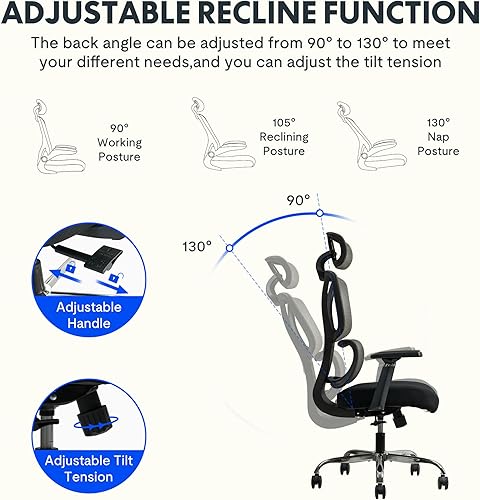 Miniatura 7 de Silla de oficina ergonómica con respaldo de malla alta, silla de oficina giratoria de 360, base de metal fuerte, silla de escritorio para