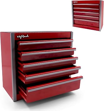 Red Mini Metal Tool Box with 5 Drawers and Top Storage, Home DIY