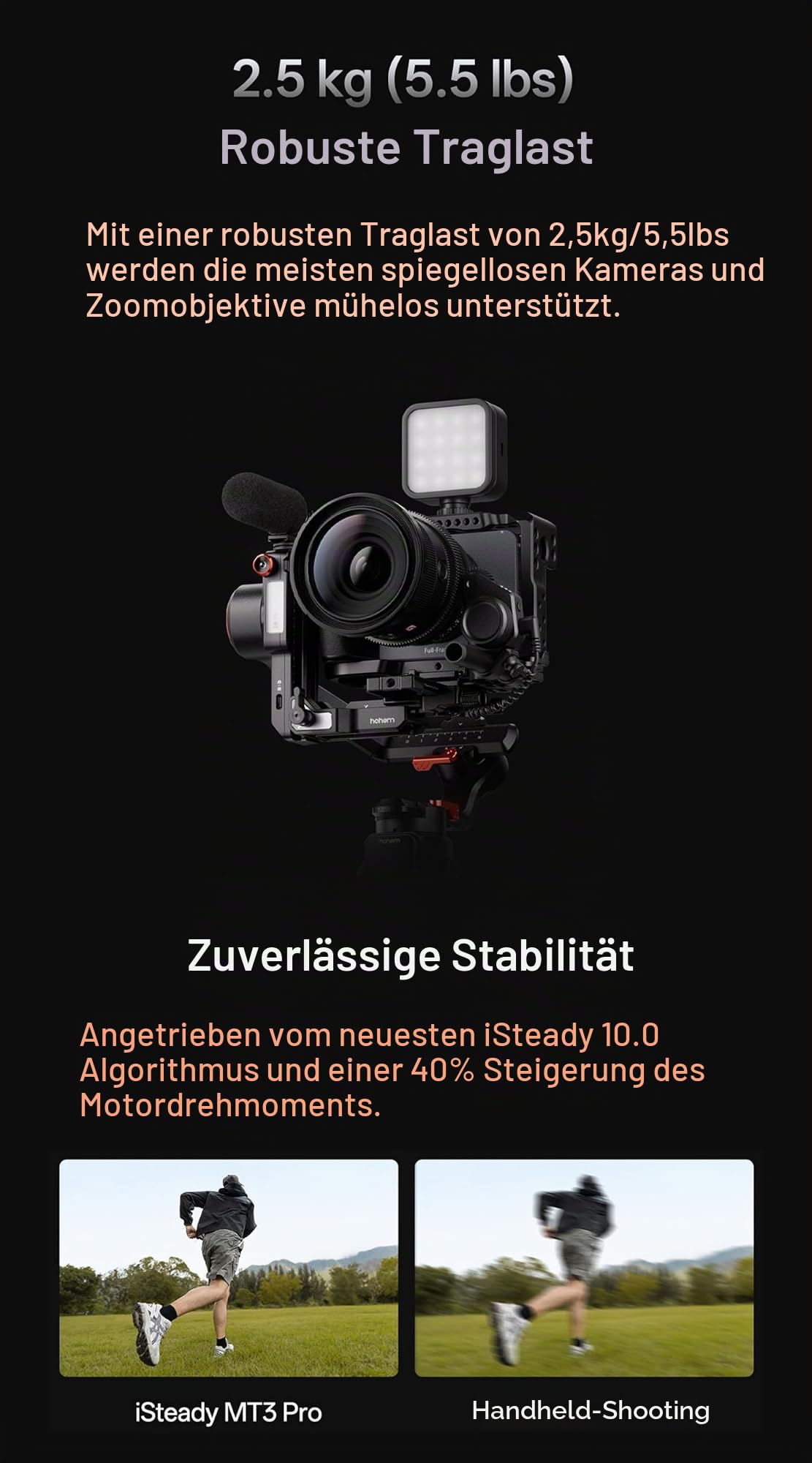 hohem iSteady MT3 Pro Kamerastabilisator mit KI-Tracking, 4-in-1 Gimbal für spiegellose Kamera/Kompakt/Action und Smartphone, abnehmbare 1,4-Zoll-Touchscreen-Fernbedienung