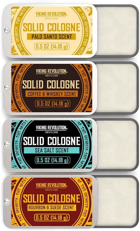 Viking Revolution Solid Cologne Set - Variety 3-0.5 oz (4 Pack) | Includes Coffee Whiskey, Palo Santo, Sea Salt & Bourbon Suede - Travel Size - Great Gift Set for Men