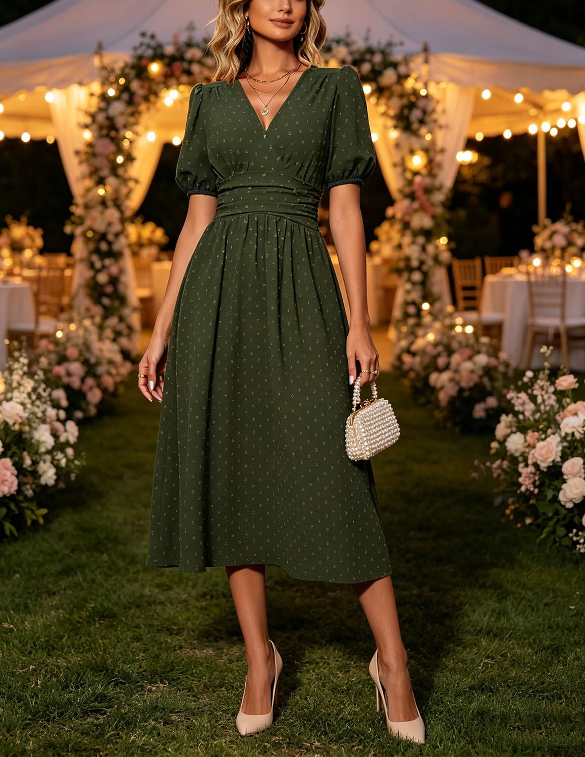 Damen Kleider Sommer Elegant Kurzarm V-Ausschnitt Sommerkleider A-Linie Blumenmuster Wickelkleid Partykleid Abendkleider
