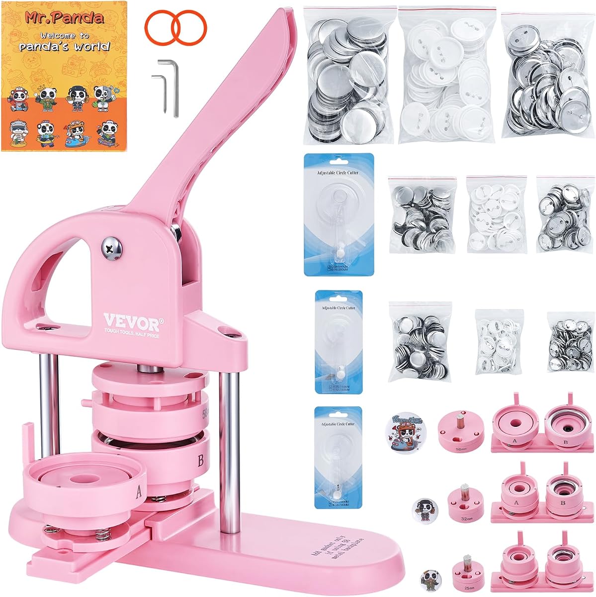 VEVOR Button Maker, 1/1.25/2.28 inch(25/32/58mm) 3-in-1 Pin Maker, 300pcs Button Parts, Button Maker Machine with Panda Magic Book, Ergonomic Arc Handle Punch Press Kit, for Children DIY Gifts, Pink