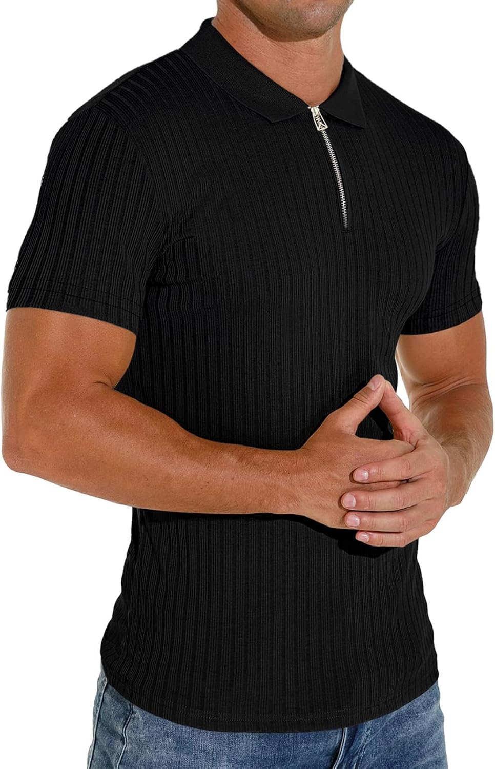 Men's Collared Muscle Polo Shirts Slim Fit Short Sleeve V Neck T Shirts Men Zipper Ribbed Golf Shirt Casual Stylish
