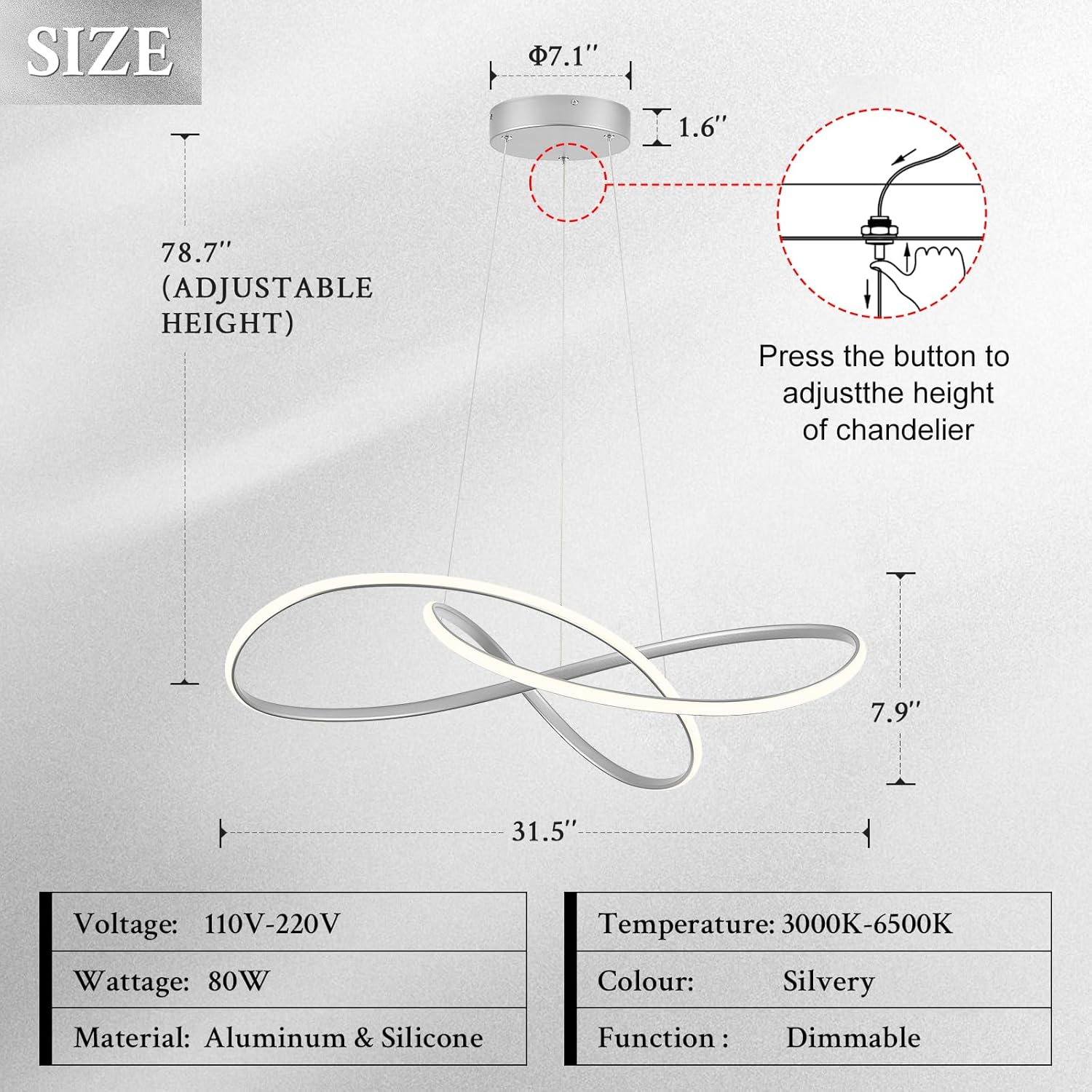 D31.5in Modern LED Chandelier Silver Ring Chandelier High Ceiling Contemporary with Dimmable Remote Control, LED Pendant Light Fixtures for Foyer Dining Room Kitchen Island, 3000-6500K