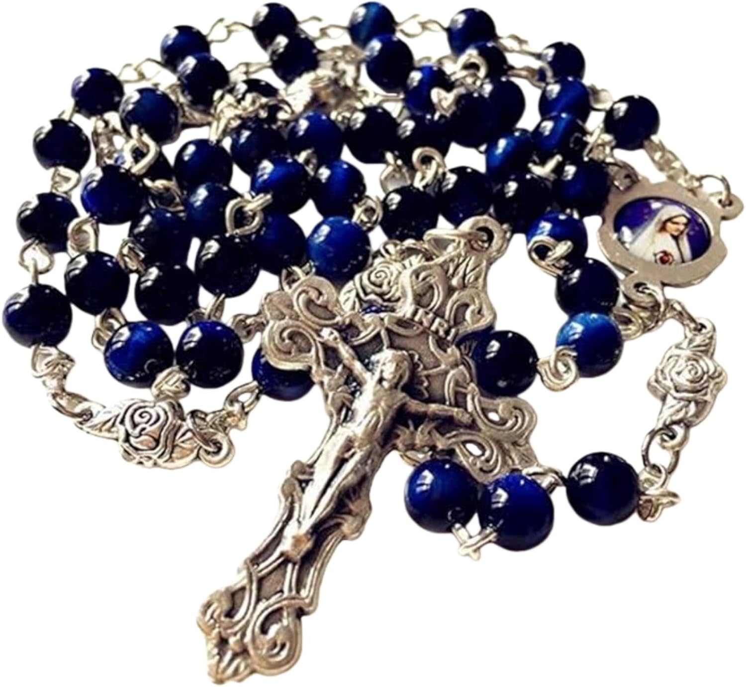 elegantmedical HANDMADE Blue Tiger Eye Beads & Silver Rose Beads ROSARY CROSS Crucifix Necklace box