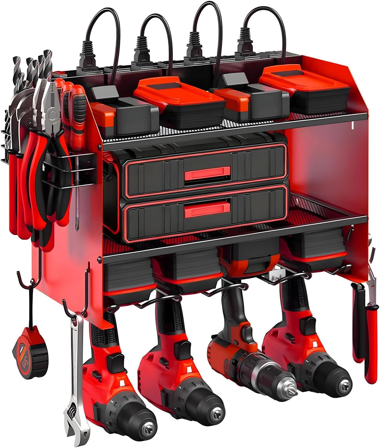 Modular Power Tool Organizer Wall Mount with Charging Station, 3-Layer Heavy Duty Drill Holder Rack & 8-Outlet Power Strip for Garage Workshop Storage