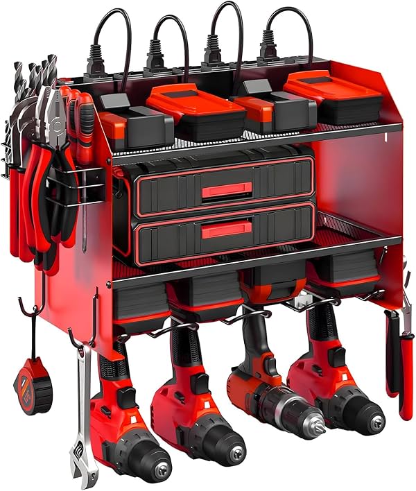 Organizador de Herramientas Eléctricas Modular de Pared con Estación de Carga, Estante de 3 Niveles para Taladros y Regleta de 8 Enchufes para Almacenamiento en Taller de Garaje