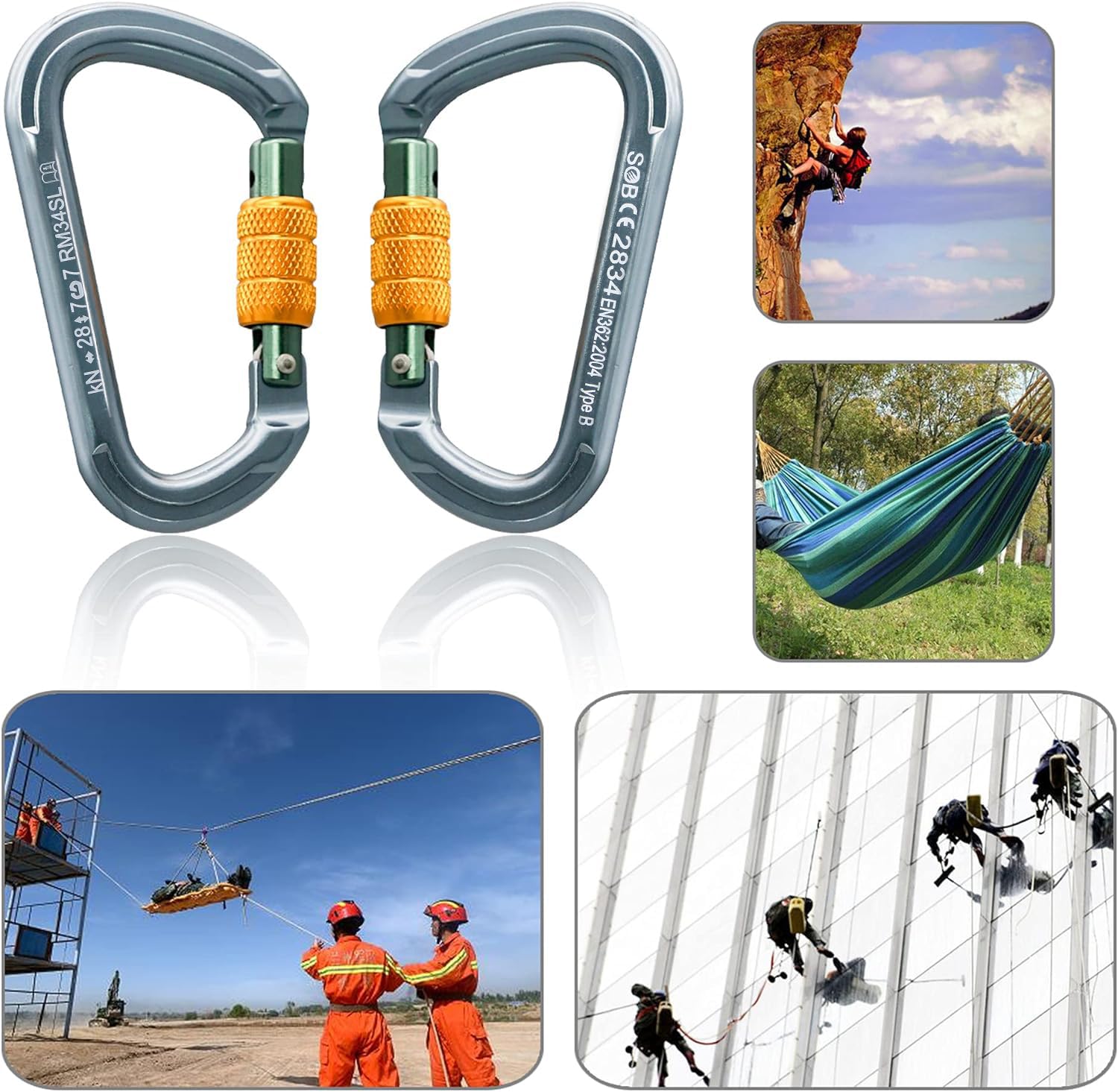 SOB Mousquetons Escalade Clips de Mousqueton à Verrouillage Automatique Aluminium Mousquetons Robustes pour Escalade, Descente en Rappel,Certification CE 2 Pièces