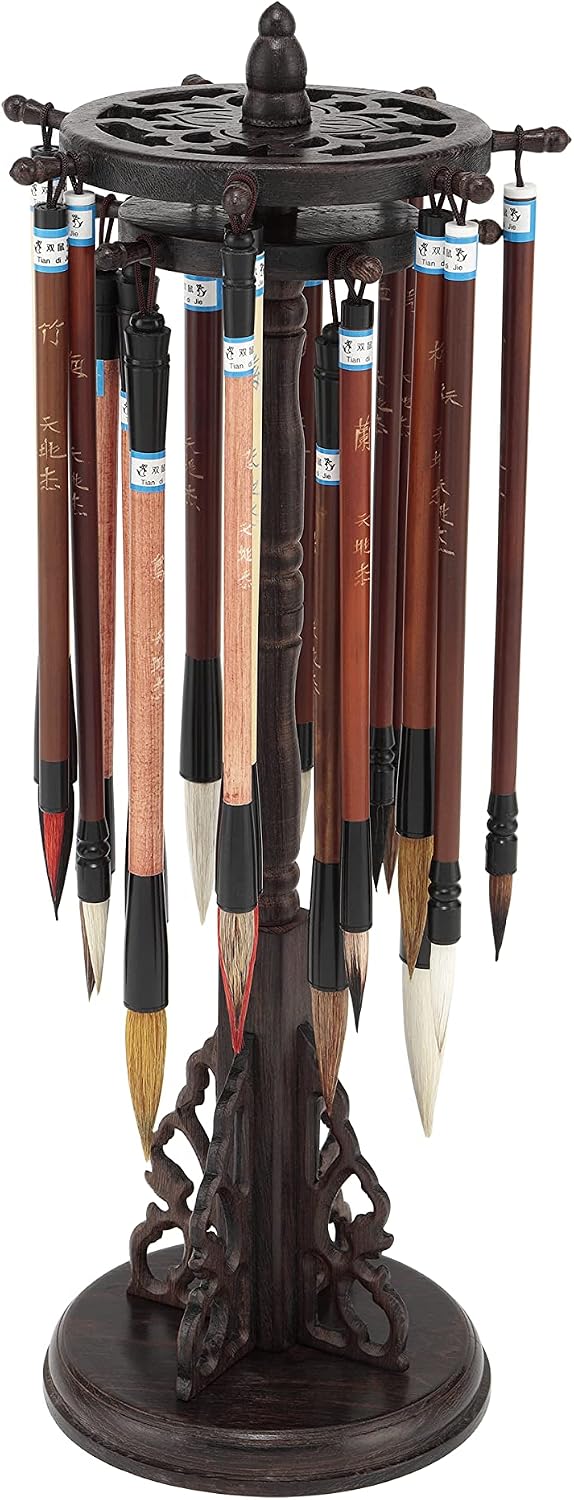 Golden Panda Chinese Calligraphy Set with 18 Bamboo and Rosewood Handled Brushes, Sumi Ink Brush Kit, Deluxe Rotating Stand with Silk Lined Storage Box, Goat Pony Badger Hair - Perfect for Beginners