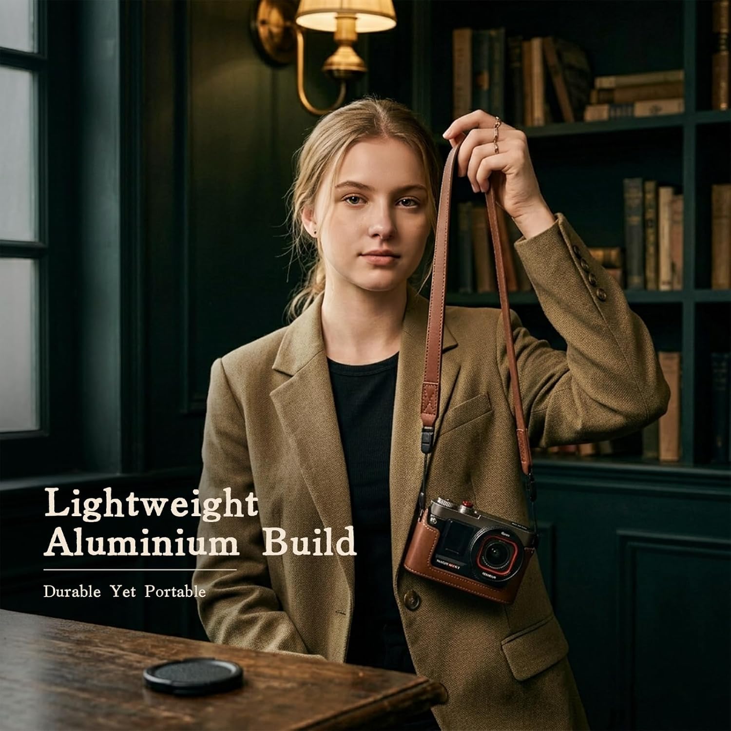 MOVMAX Vintage Camera Cage for Insta360 Ace Pro 2, Aluminum Alloy Protective Frame with Leather Shoulder Strap, Cold Shoe,- Retro Rabbit Cage for Street Shooting, Insta360 Ace Pro 2 Accessories