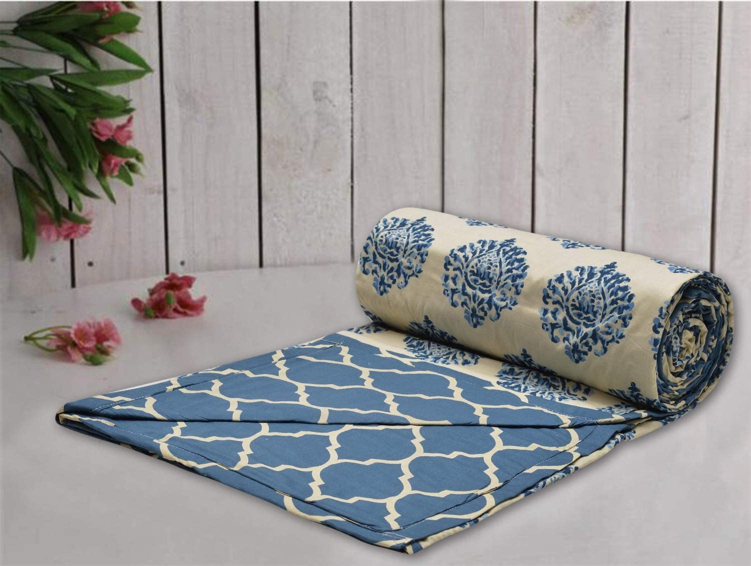 Trance Home Linen 100% Cotton Malmal Double Dohar 84"X90"(Damask Blue)