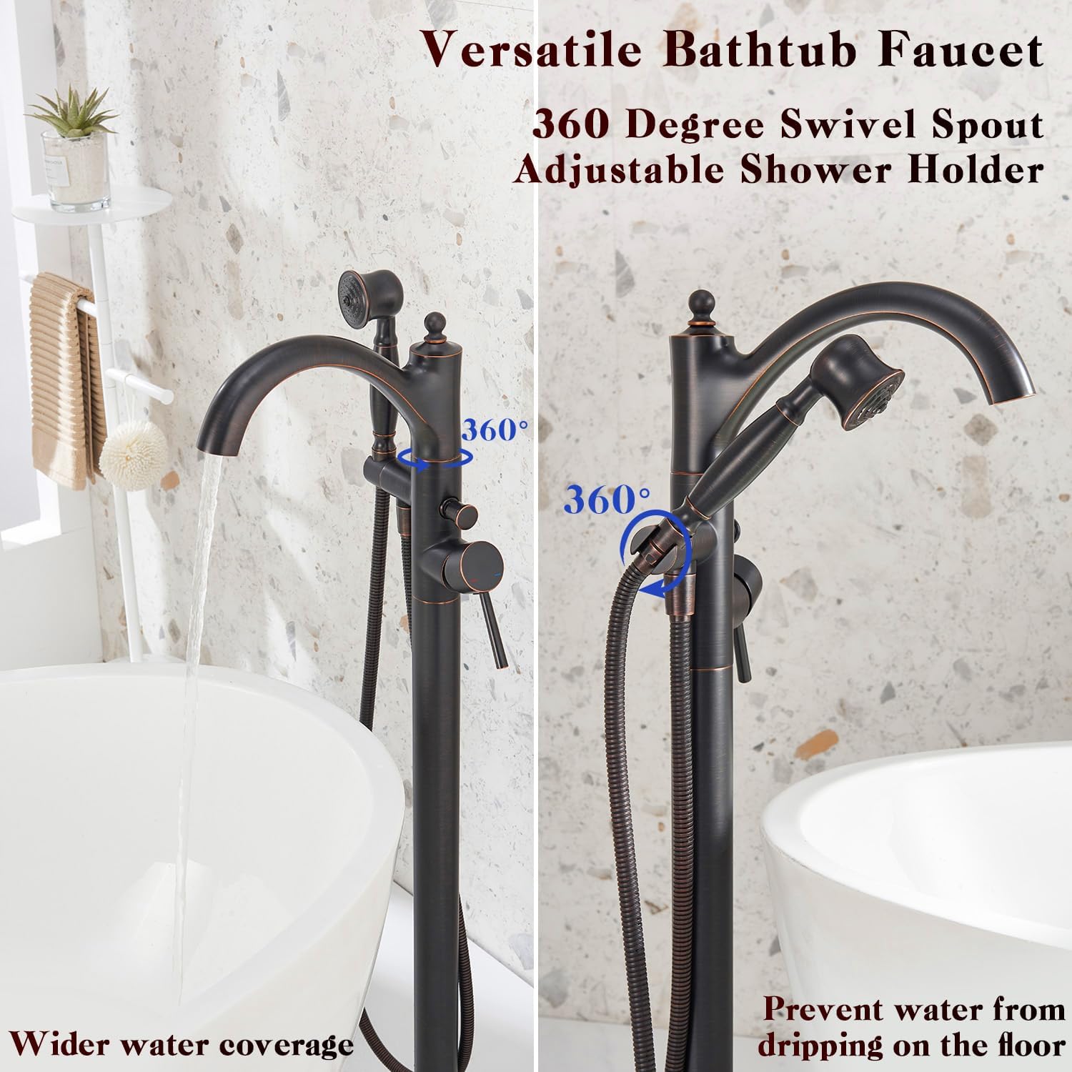Freestanding Bathtub Faucet, Classic Free Standing Tub Faucet with Retro Handheld Sprayer High Flow Max 7.04GPM Floor Mounted Tub Fillers Swivel Spout Tub Faucets Oil Rubbed Bronze (WT-9002ORB) - Image 5