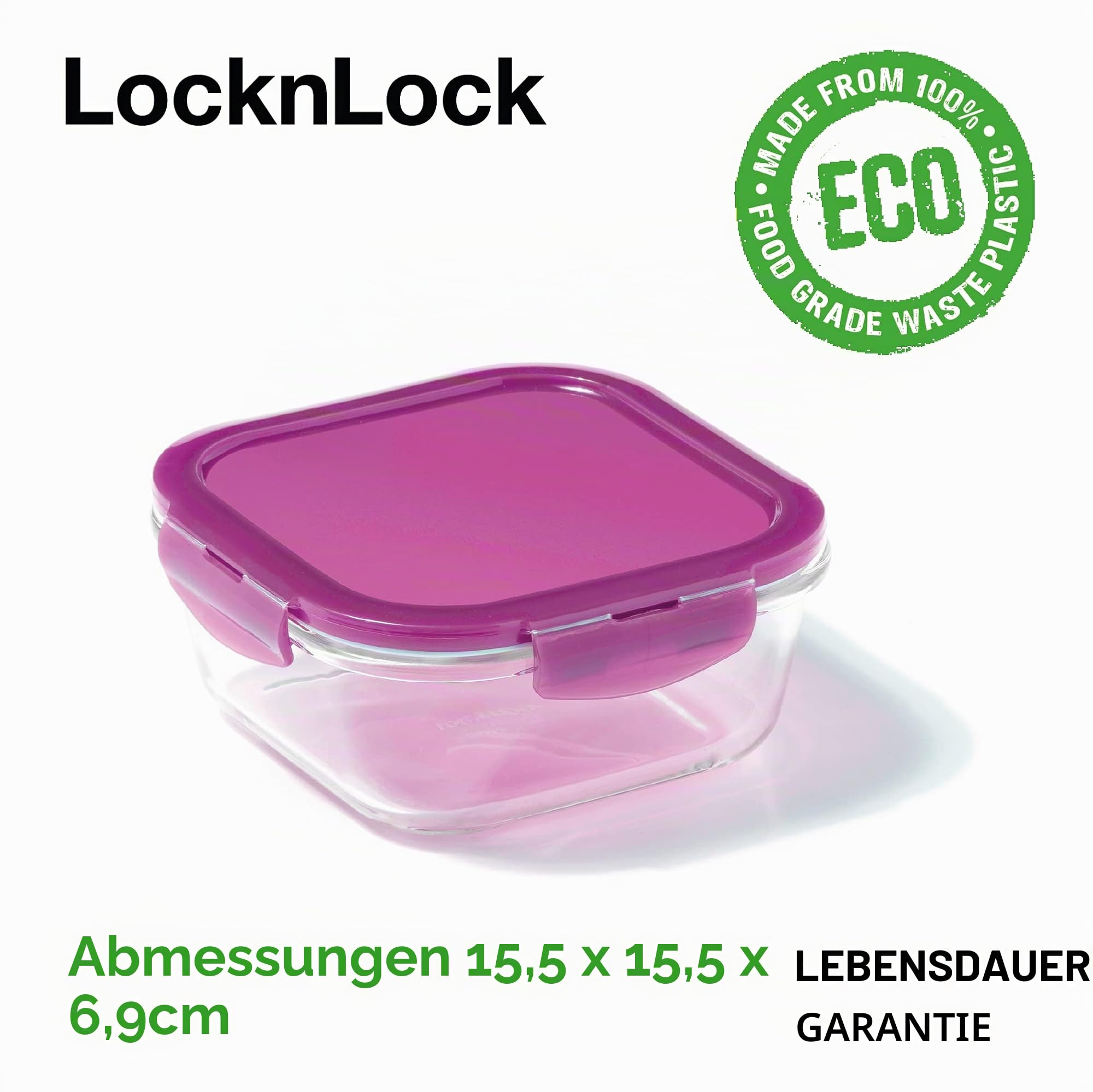 LocknLock Eco Ovenglass Glas-Frischhaltedosen mit Deckel, 5er-Set – luftdichte, auslaufsichere quadratische Frischhaltedosen mit Deckel aus recyceltem Kunststoff, ofenfest, spülmaschinenfest, 5 x 750