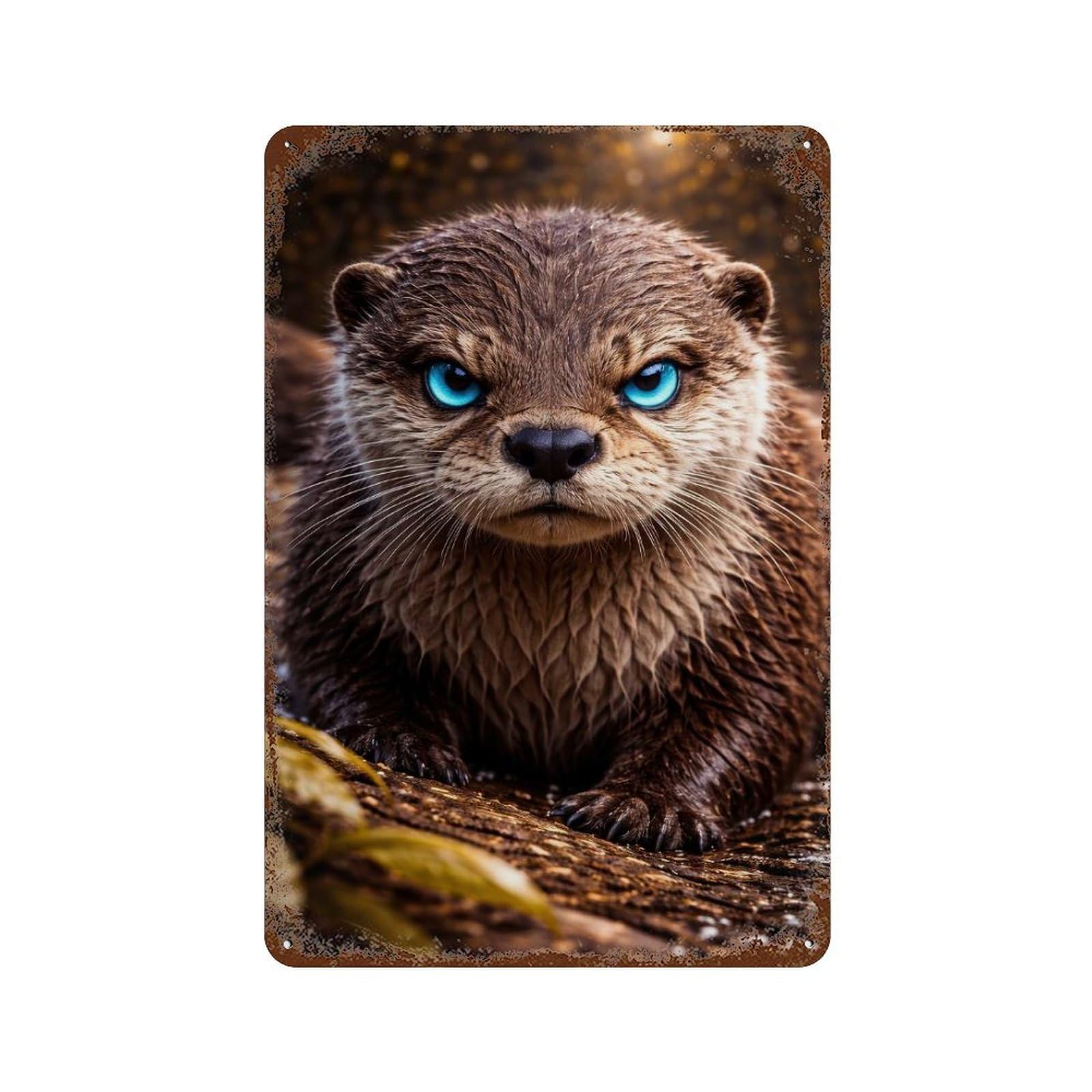 Rusty Metal Tin Sign Intense Otter Portrait with Blue Eyes 11.8"x7.9", Rustic Home Decor for Shed, Workshop And Garage Wall Decor