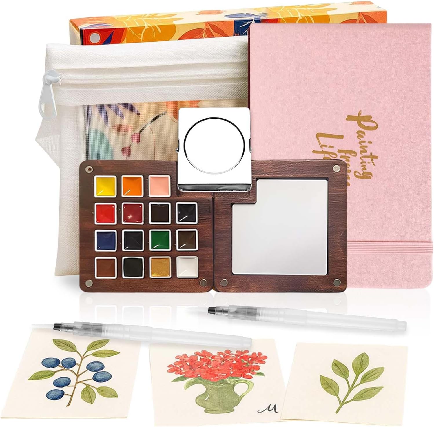 Mini Watercolor Paint Set - 15 Color Travel Watercolor Kit, Pocket Watercolor Paint Palette Set with Watercolor Book, Binder Clips, Pens, Storage Bag, Wooden Paint Box for Painters Artists Student