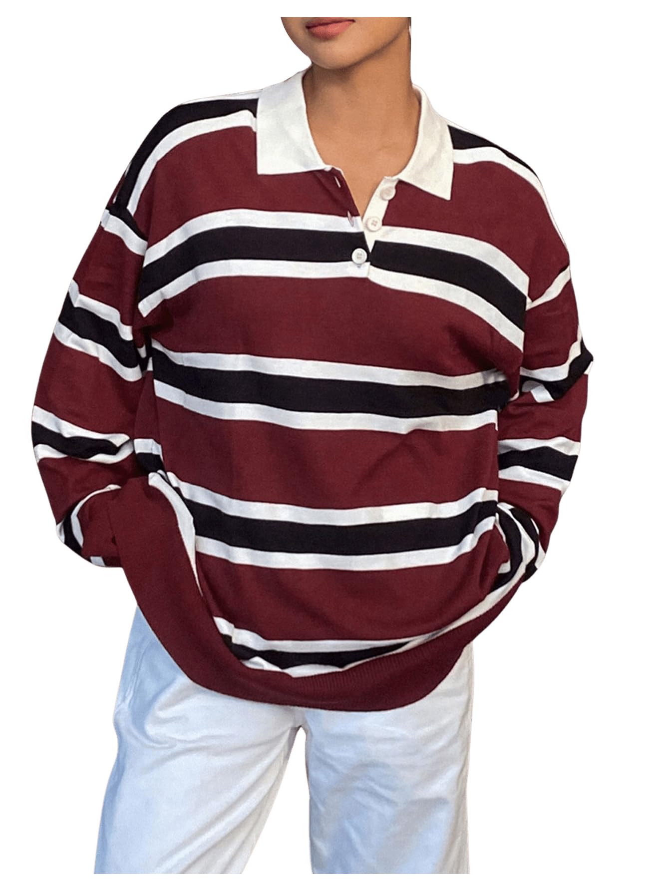 SOLY HUX Womens Striped Sweater Collared Long Sleeve Color Block Preppy Casual Pullover Tops