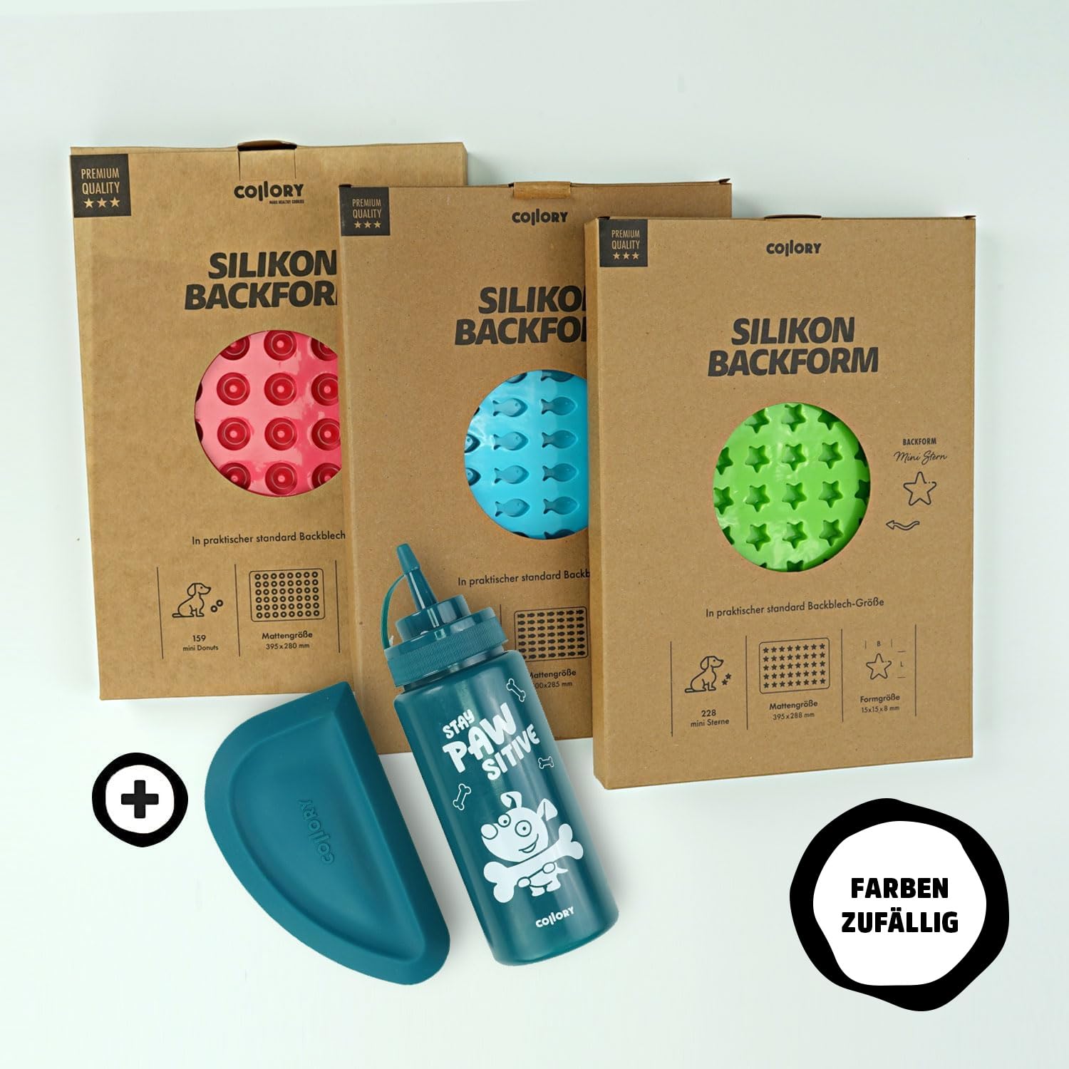 Collory große Backmatten Hundekekse Starter Paket inkl. Zubehör (5er Set), Hundeleckerlis in MINI backen, Dosierflasche und Schaber, Lebensmittelecht & Bpa-frei
