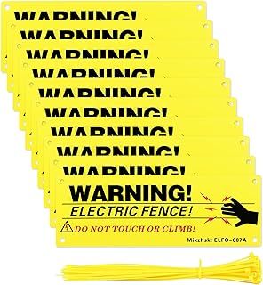 Electric Fence Warning Signs with Zip Ties 10 x 3.5 Inch Plastic Yellow Electric Fence Safe Signs Caution Warning Sign for Danger Electric Fence Sign Farm Home(Upgraded Sun Protection)