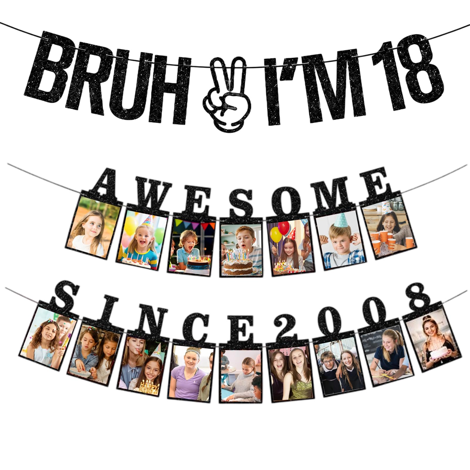 2 Sets Since 2008 Photo Banner Birthday Decorations, 18th Birthday Banners Set for Milestone Celebrations, Black Happy Birthday Banner for Indoor and Outdoor Party Setup