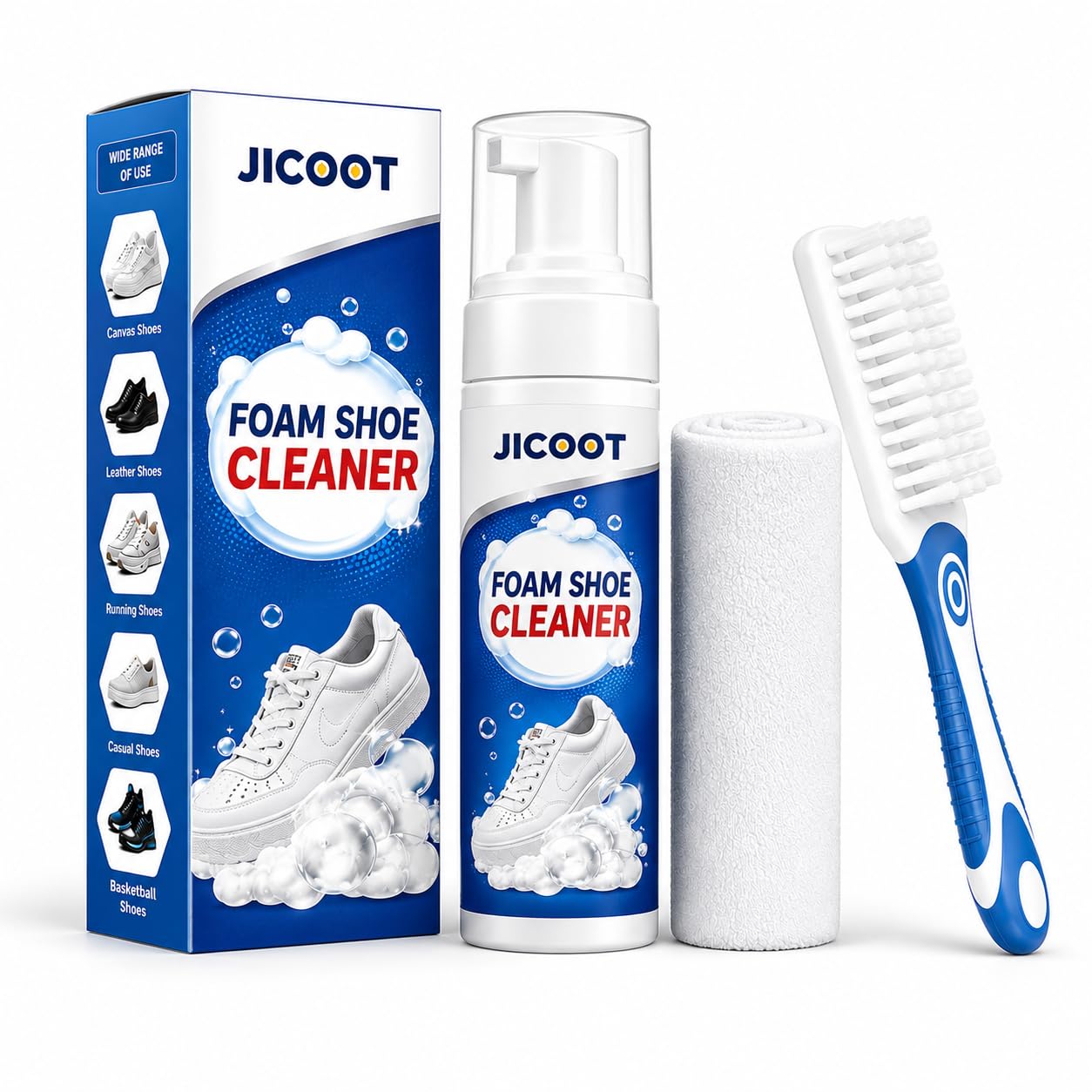 JICOOT Quick Shoe Cleaning Kit | 250ML Foam Shoe Cleaner with Shoe Brush & Microfiber Towel | Sneaker Cleaning Kit for White Shoes, Sports Shoes, Leather, Canvas, Knit, Mesh & Fabric