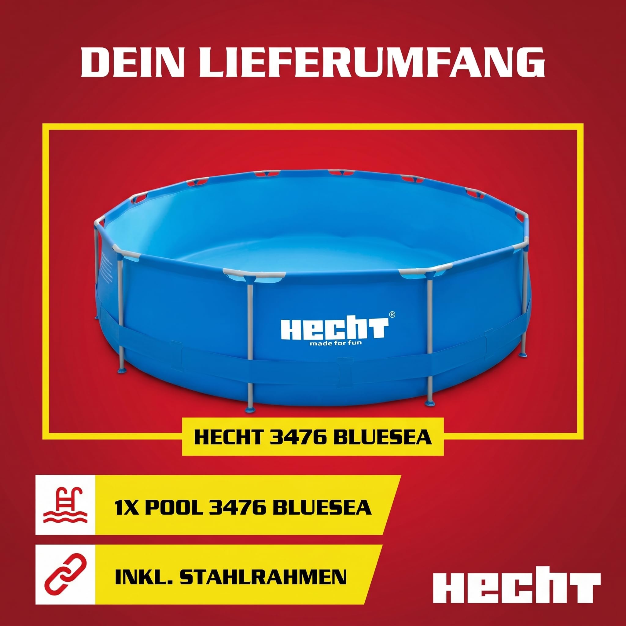 Hecht Stahlrahmen Pool Swimmingpool 360 x 76 cm 300 x 76 cm Familienpool rund Metallrahmen XXL Outdoor Pool 4.383 Liter