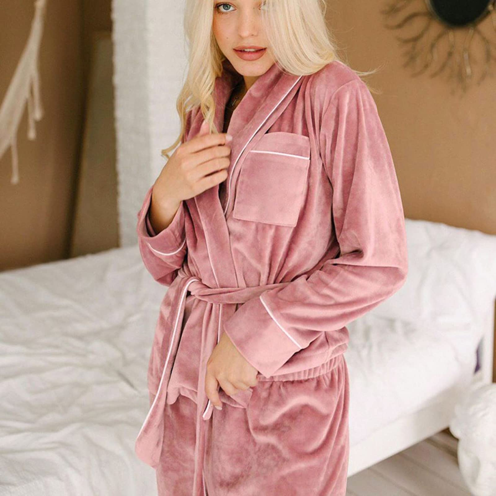 Conjunto De Dos Piezas De Pijama De Manga Larga para Mujer, Conjunto De Cárdigan Cálido Y Cómodo, Camisón Sexy para Mujer,Rosado,XL