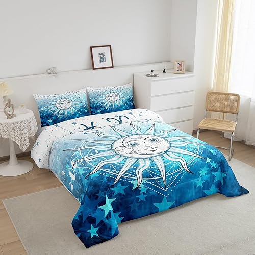 Miniatura 2 de Manfei Juego de edredón de sol y luna, tamaño matrimonial, juego de ropa de cama con estampado de estrellas azules, 3 piezas para decoración de