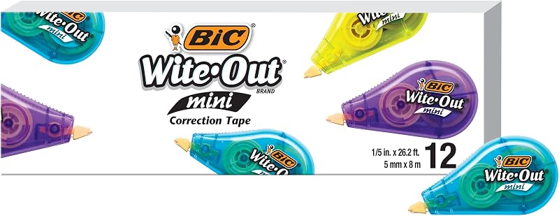 BIC Wite-Out Brand Mini cinta correctora (WOTM11-WHI), 16.4 pies, cinta correctora blanca, cinta compacta para oficina o suministros escolares (paquete de 12, 144 unidades en total)