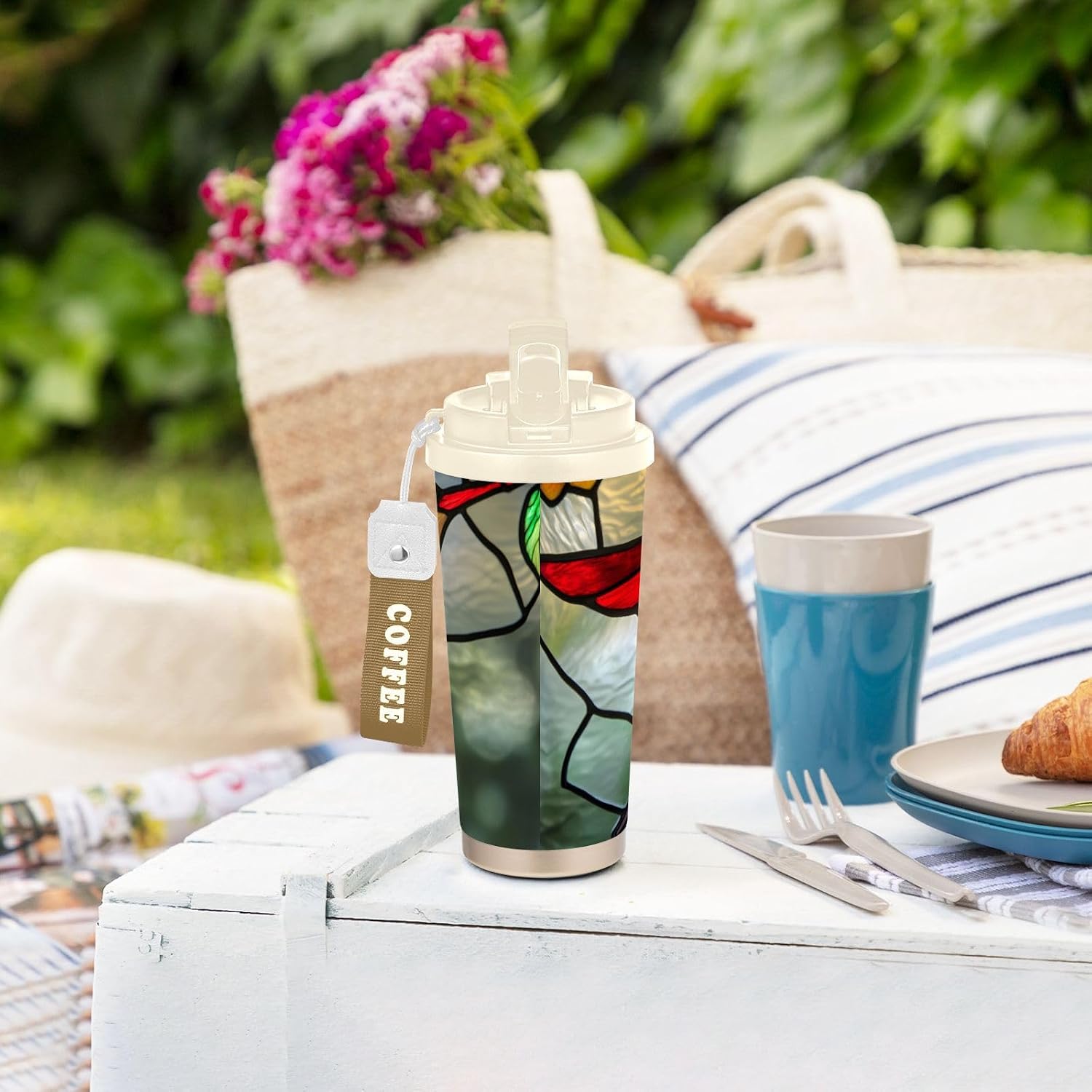 Hummingbird Stain Glass Insulated Coffee Mug with Straw & Flip Lid, 16.9oz Iced Tumbler Cup, Double Wall Vacuum Leak-Proof Mug for Travel Office