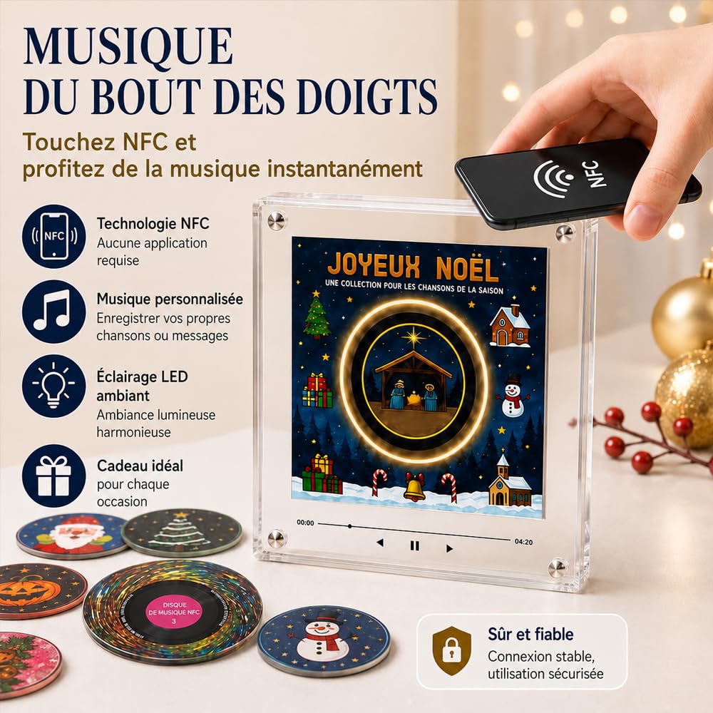 Aimant De Frigo Musical Noel,Mini Vinyle Frigo Noel,9 Disques Programmables,128 Mo De MéMoire IntéGréE,Audio Personnalisé, LumièRes LED,Commutation Facile,Chargement USB-C (B)