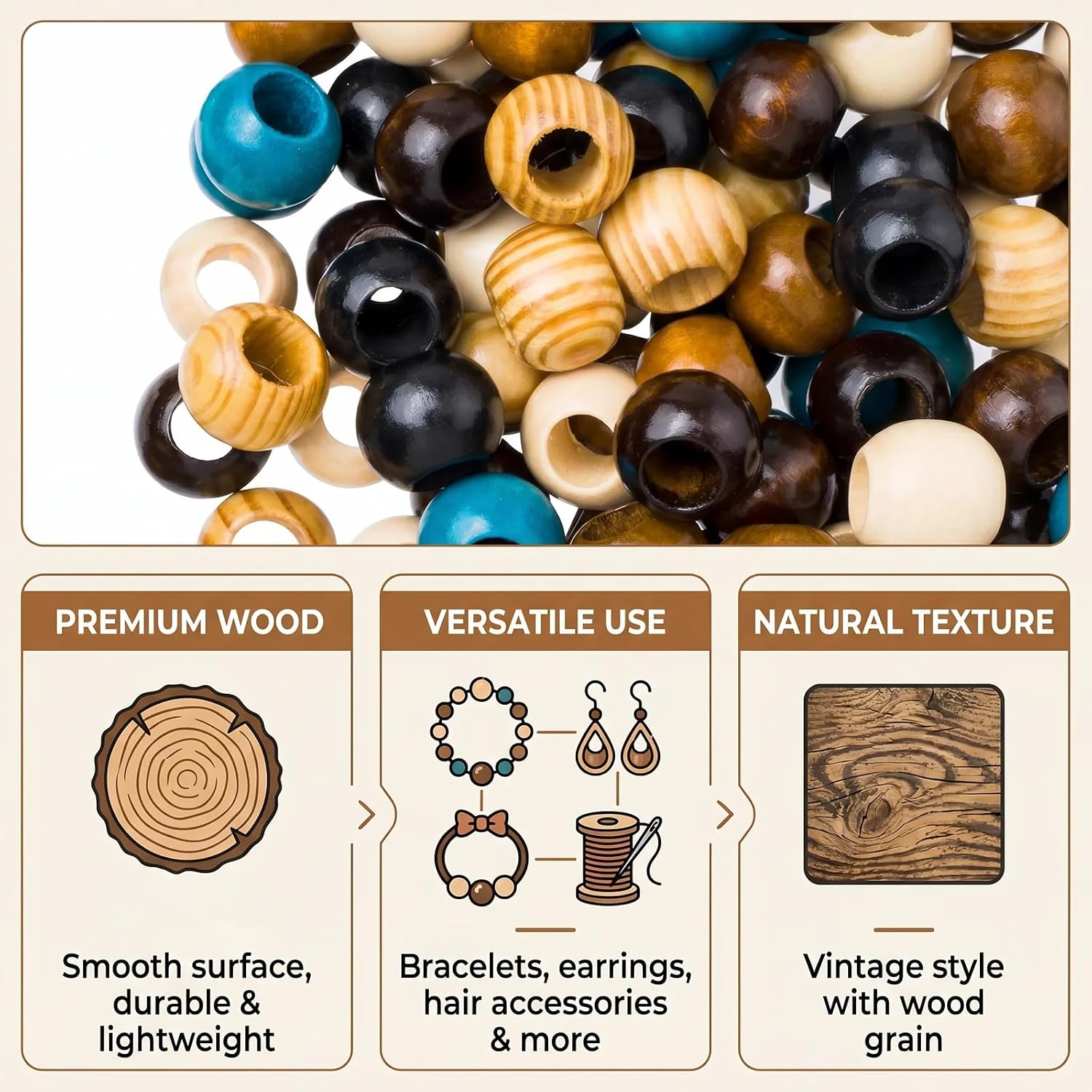 shuielai 60pc Wooden Beads Large Hole, 20mm Macrame Wood Beads for Crafts Jewelry Making Hair Braids and DIY Decor Mixed Colors