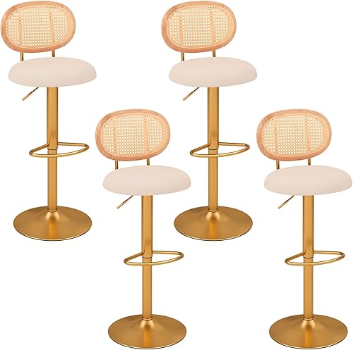 Miniatura 10 de COSTWAY Juego de 2 taburetes de bar de ratán y terciopelo, taburetes de bar giratorios de 360 de altura ajustable con respaldo, reposapiés de metal,