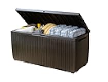 Keter Springwood 80 Gallon Resin Outdoor Storage Box for Patio Furniture Cushions, Pool Toys, and Garden Tools with Handles, Brown