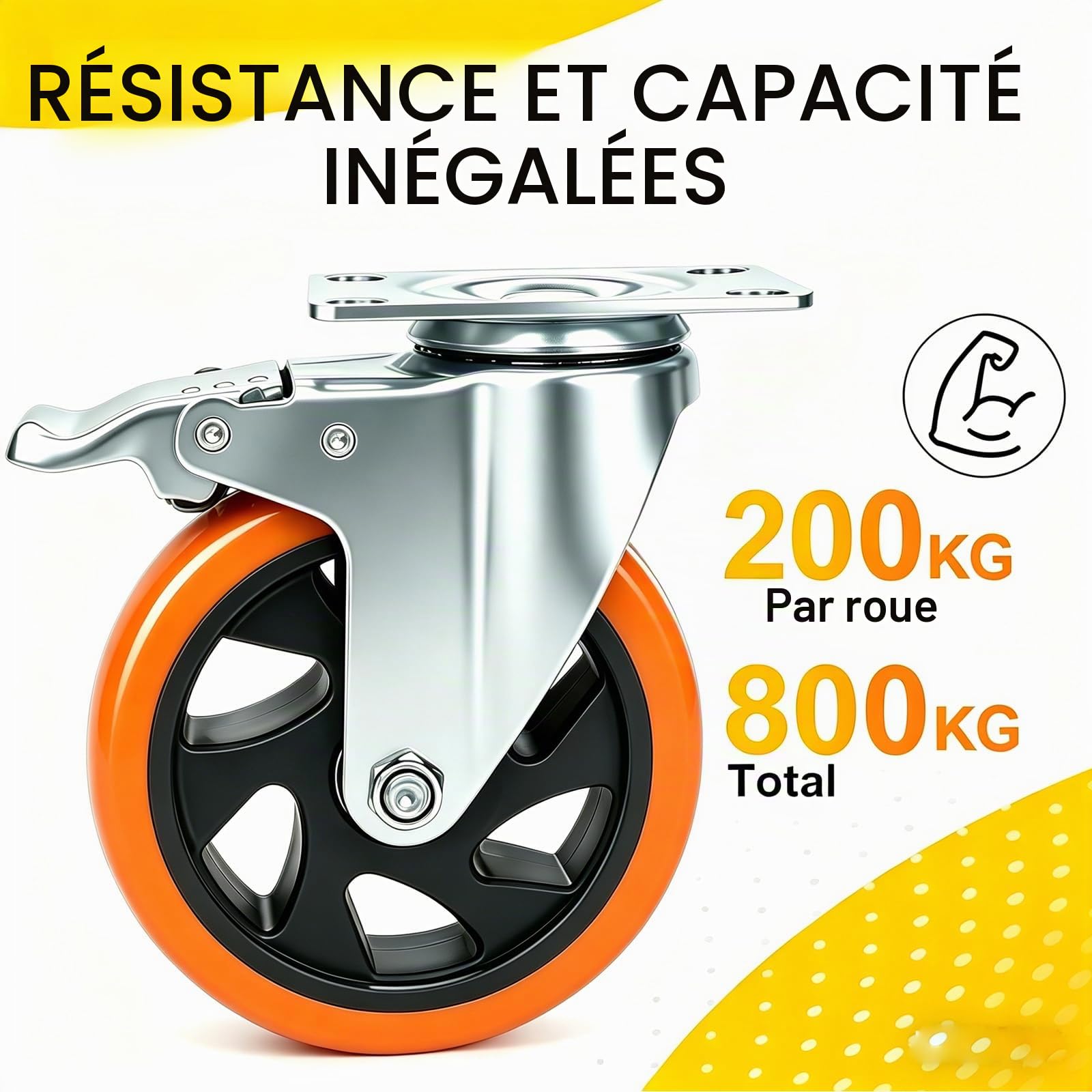 Roulette Pivotante avec Frein 125 mm, 4 Roulettes pour Meubles Roulettes Charge Lourde Roue Plaques Industrielles Transport, Max 800KG (32 Vis Incluses)