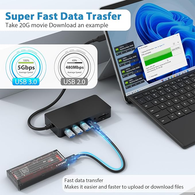 Dock USB C Rocketek Triple Display 12 en 1 con Ethernet, 4K HDMI/VGA/DP, 100W PD miniatura 3