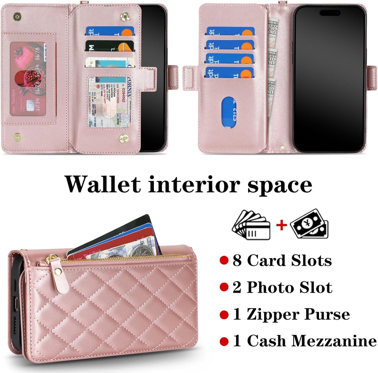 Jaorty for iPhone 17 Pro Phone Case Wallet with Crossbody Strap, Shoulder Necklace Lanyard,flip Cover PU Leather, Rhombus for Women Men, Zipper Pocket, Kickstand, Card Holder, 6.3" Rosegold